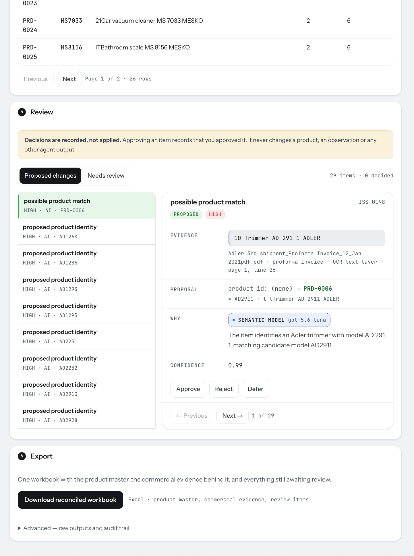 Product Data Quality Agent review decisions and export workflow
